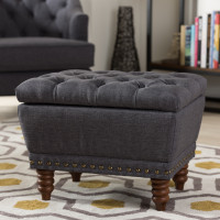 Baxton Studio 217-Dark Grey Annabelle Modern and Contemporary Dark Grey Fabric Upholstered Walnut Wood Finished Button-Tufted Storage Ottoman